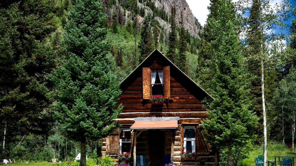 Cabin in the mountains, surrounded by trees. One option for our weekend getaway. 