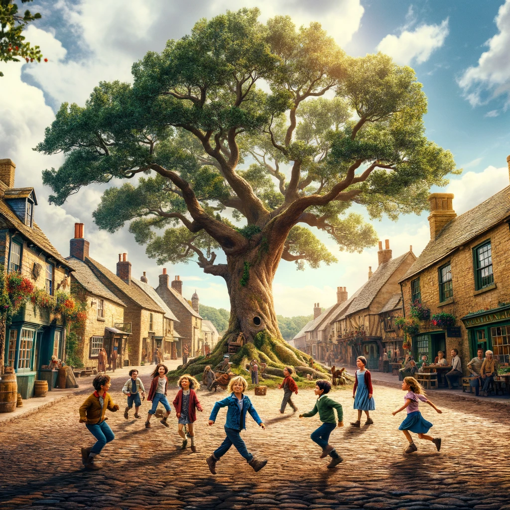 The heart of the small, bustling village with the iconic oak tree standing tall at the center of the cobblestone square. Children, including Leo, play around the tree, their laughter filling the air. The setting is vibrant and lively, capturing the essence of community spirit and joy. Quaint houses and local shops frame the square, creating a picturesque scene that embodies the warmth and closeness of the village life.