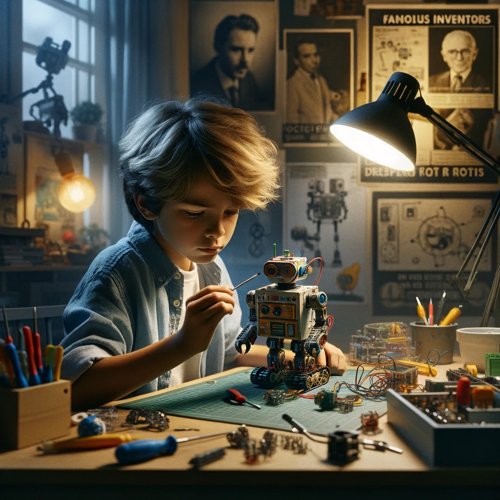 A young boy, Sam, is deeply focused on assembling a small robot at his desk, filled with various tools and components. The scene is set in his room, which reflects a creative and inventive atmosphere, with posters of famous inventors and robotics projects on the walls. Sam, with a look of concentration, uses a screwdriver to adjust parts on his robot, which is designed with colorful elements and appears almost ready to come to life. The room is softly lit by a desk lamp, highlighting the intimate connection between the young inventor and his creation, showcasing his passion and potential in the field of robotics.