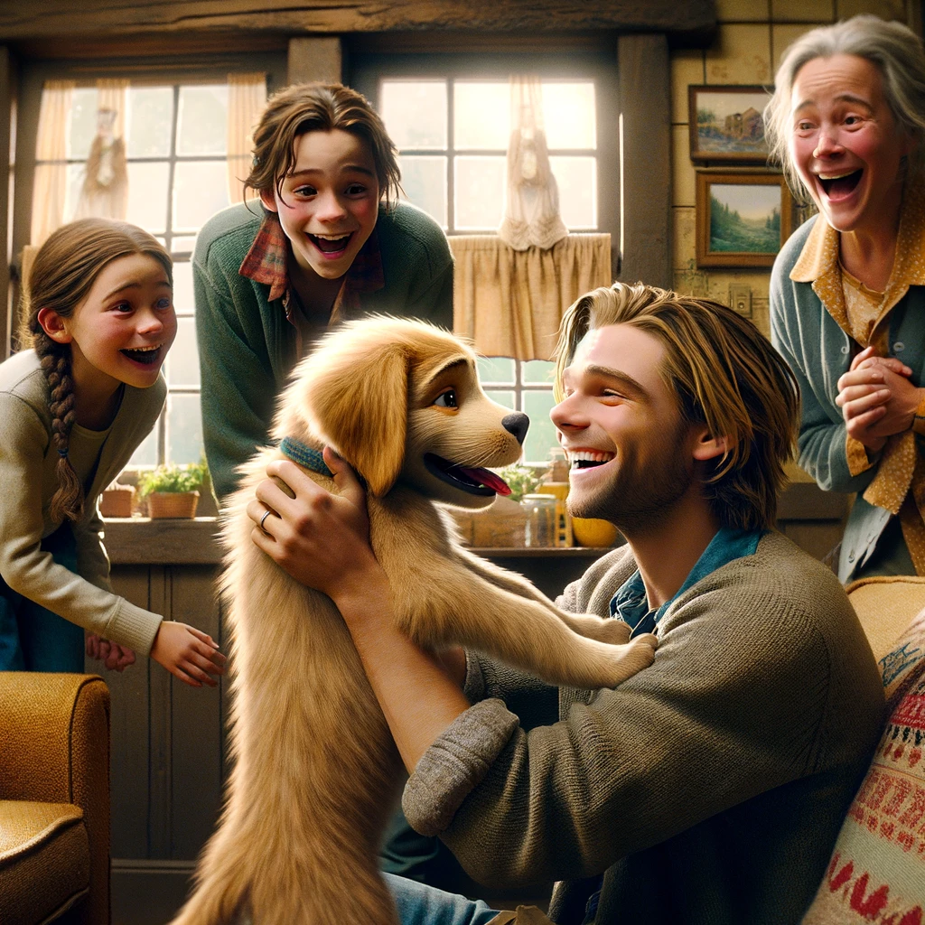 Leo and the lost puppy are warmly welcomed by a joyful family at their cozy house at the edge of the village. The family, expressing relief and gratitude, embraces the puppy, creating a heartwarming scene. The setting is a homely interior with signs of a loving family home. This image captures the moment of reunion and the happiness it brings to everyone involved, highlighting the themes of homecoming and community.