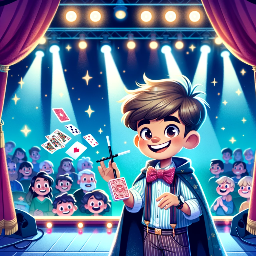 Lucas, a young and enthusiastic boy with a bright smile, is preparing for a talent show. He's on stage, practicing his magic tricks with a deck of cards in one hand and a magic wand in the other. The stage is set with vibrant lights and a curious audience in the background, eagerly watching him. Lucas is dressed in a magician's cape and hat, looking confident and ready to amaze. This scene captures the excitement and joy of sharing a special talent, reflecting Lucas's passion for magic and his anticipation for the big performance.