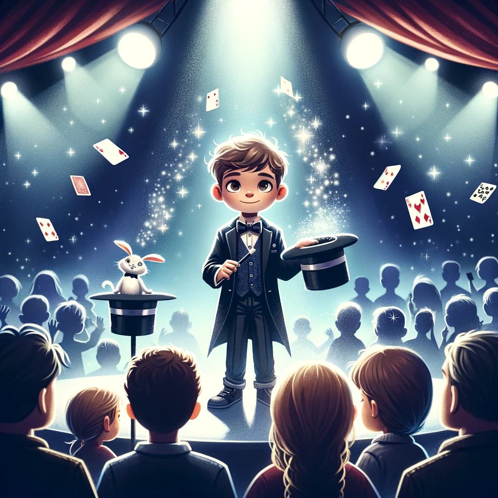 Imagine a captivating moment where Lucas, the young magician, performs his secret magic trick in front of an awestruck audience at the talent show. The spotlight shines on Lucas, who stands confidently on stage with a mysterious aura. He's in the middle of performing his most impressive trick yet, with cards floating around him as if by magic, and a rabbit peeking out from his hat. The audience's faces are filled with wonder and amazement, their eyes wide with surprise. This scene embodies the magic and excitement of Lucas's performance, showcasing his ability to enchant and captivate everyone watching.