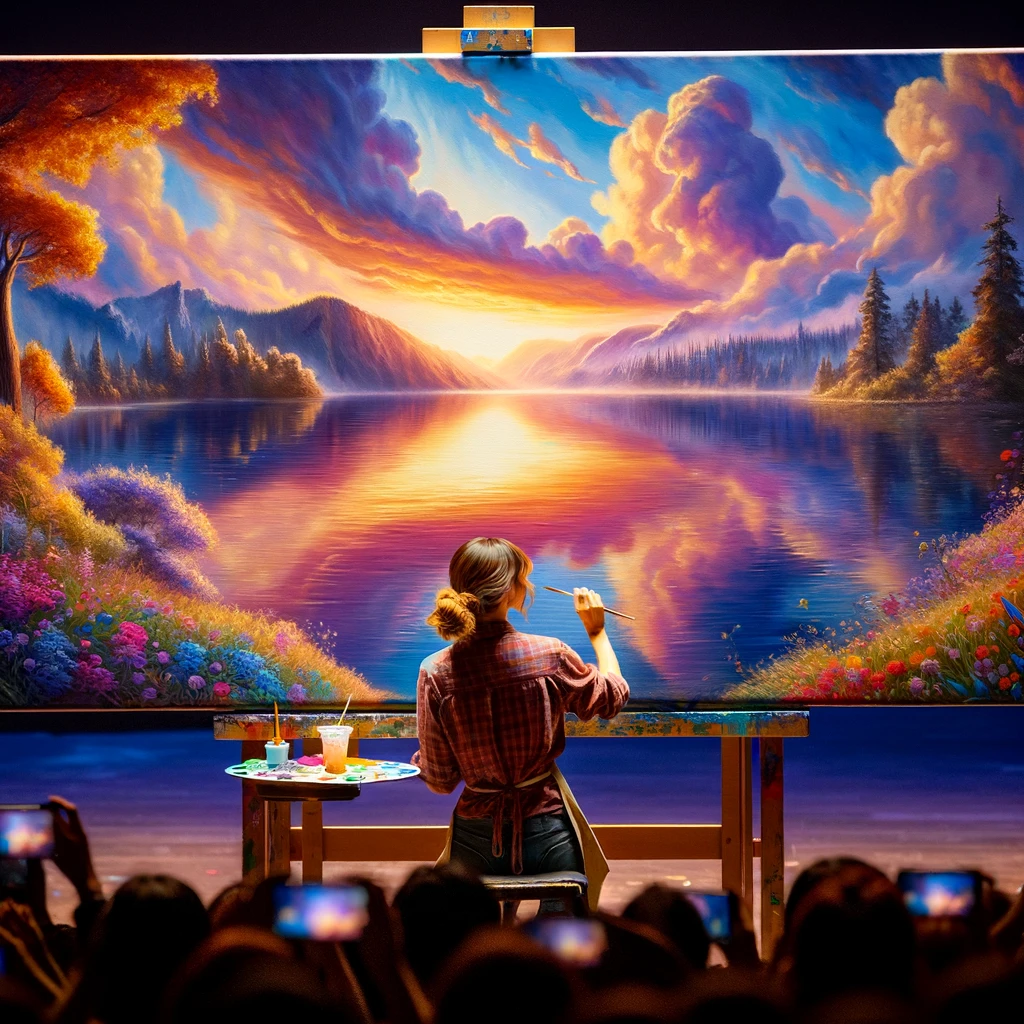 As Mia's painting nears completion, the canvas reveals a stunning landscape full of vibrant colors and intricate details. The scene on stage is magical, with the audience now fully captivated by the transformation of the blank canvas into a breathtaking masterpiece. Mia, with a look of satisfaction and pride, adds the final touches to her artwork. The painting showcases a beautiful sunset over a serene lake, reflecting the sky's mesmerizing hues. This moment captures the climax of Mia's performance, highlighting her skill, creativity, and the emotional impact of her art on the audience.