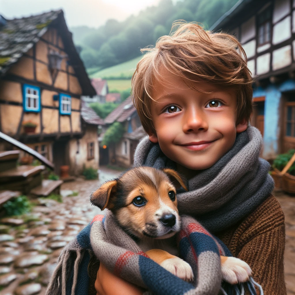 In a small, bustling village, a young boy named Leo, with bright eyes and an eager smile, wraps a small, shivering puppy in his scarf to keep it warm. They are standing on a cobblestone street, with quaint houses and lush fields visible in the background. The image captures a moment of kindness and warmth, highlighting the bond between the boy and the puppy against a picturesque village setting.