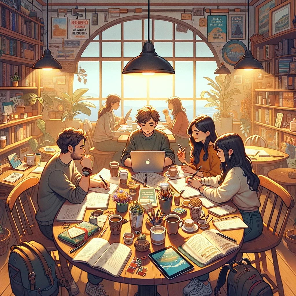 The illustration capturing the cozy café scene where Liam, Elena, and Maya are brainstorming ideas for their joint project is ready. It shows them surrounded by their work materials in a warm, inviting environment, symbolizing the beginning of their impactful journey with the Horizon Foundation's funding.