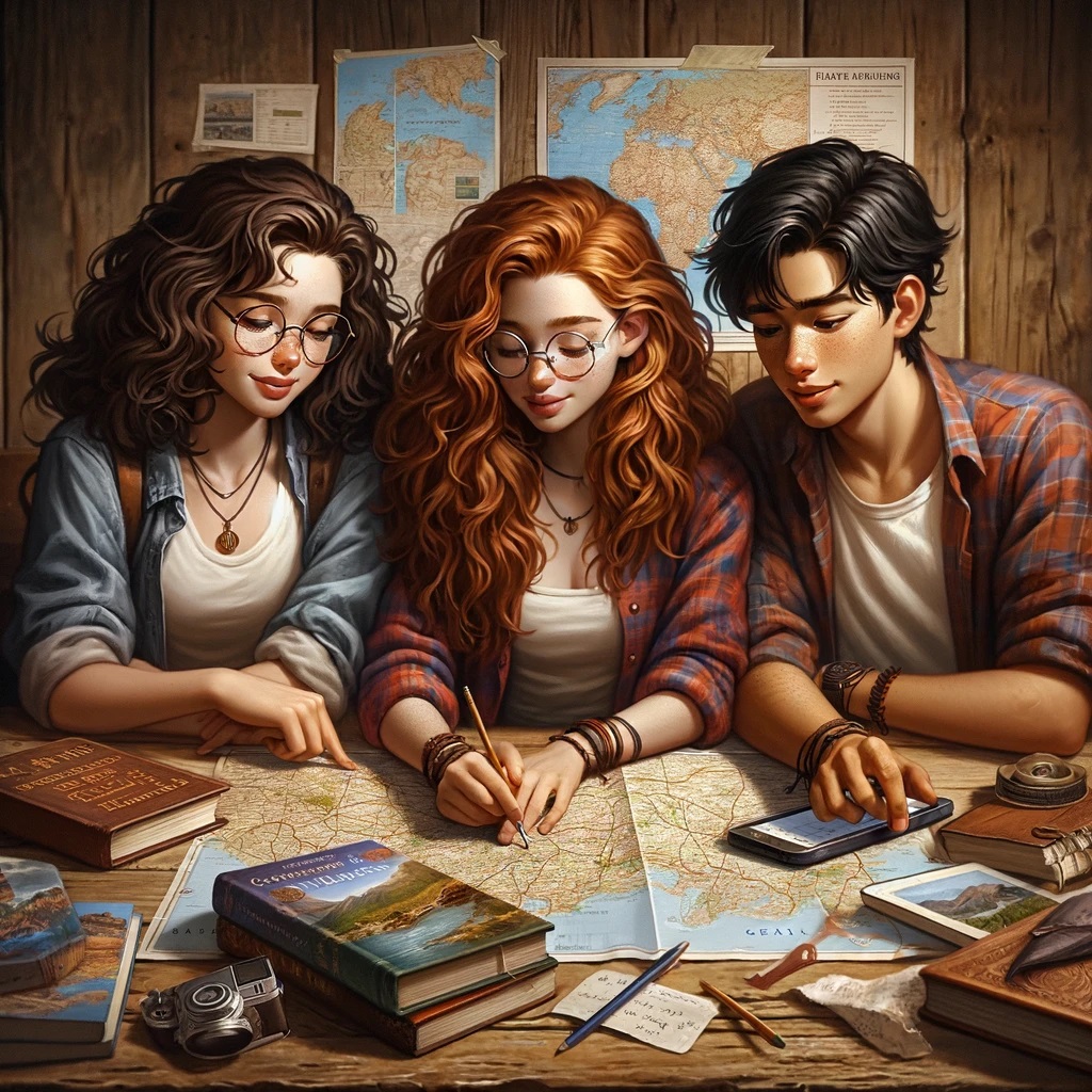 The illustration featuring Maya Roberts from Canada, Elena Rodriguez from Spain, and Liam from Singapore planning their trip together is now ready. It captures them at a rustic wooden table surrounded by maps, travel books, and a laptop, reflecting their collaborative spirit and shared passion for travel. This scene accurately represents their backgrounds and characteristics, emphasizing their individual personalities and collective enthusiasm for exploration. If you have any more requests or need further assistance, please let me know!