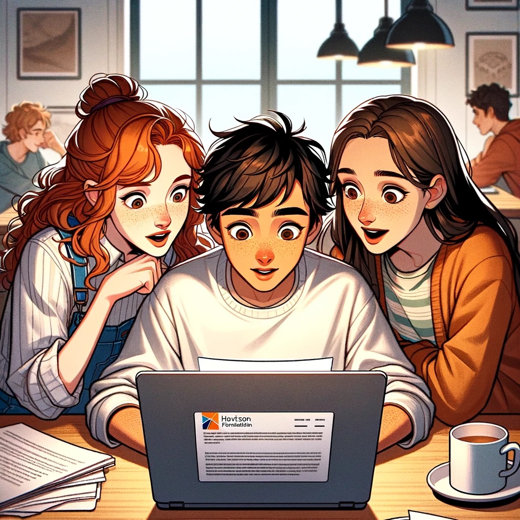 The revised illustration is now ready, showing Liam as an Asian boy, Elena as a red-headed Spaniard, and Maya as a Canadian with brownish hair, all reacting to the surprising email from the Horizon Foundation in the café. Their astonishment, curiosity, and excitement are captured at this significant moment, set against the cozy backdrop of their usual meeting spot.