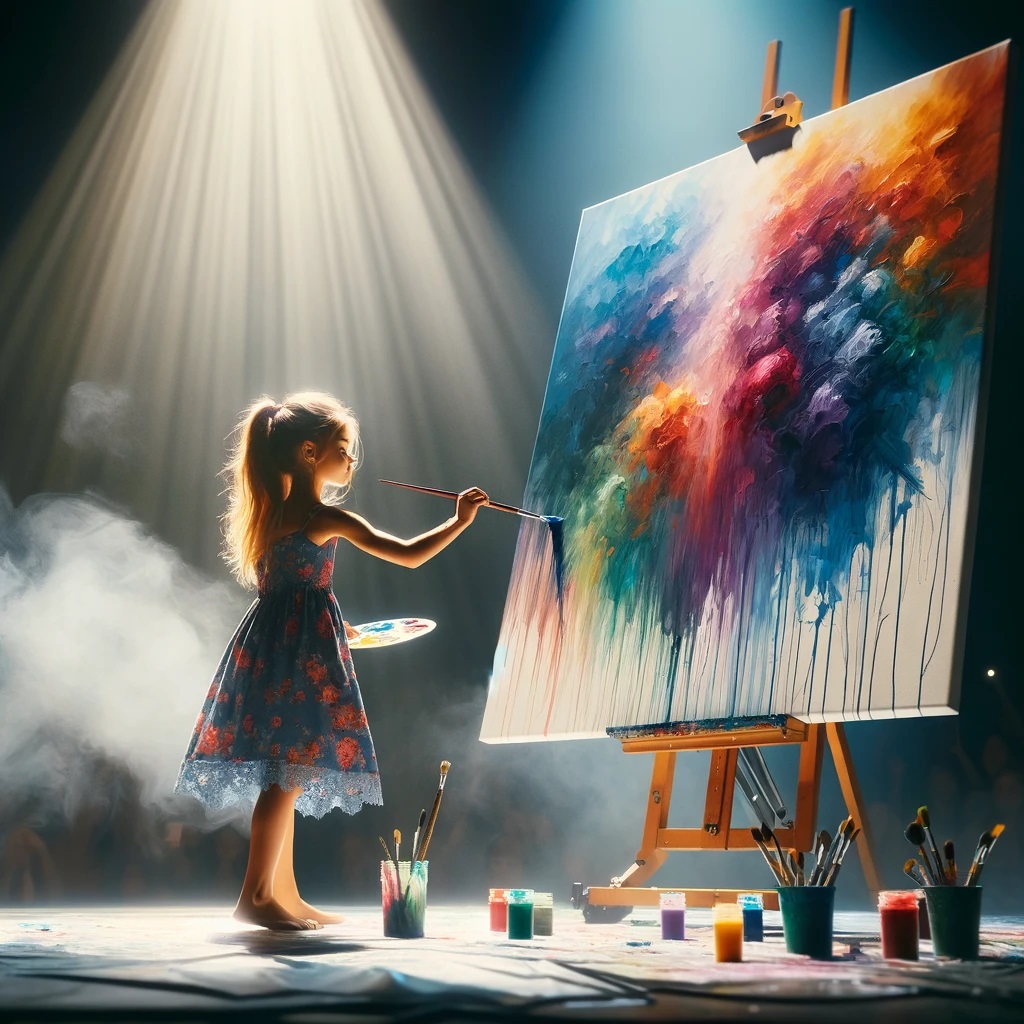 A Girl Painting Live on Stage: Captures a young girl painting on a large canvas, her movements expressive as she creates art before an engaged audience. Callcenterguatemala.com