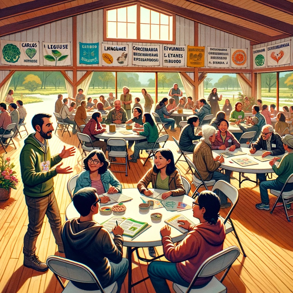 The final illustration captures the moment when the volunteers, along with Carlos Martinez, Sophia Roberts, and other characters, continue their activities indoors due to the rain. In a spacious community hall, they carry on with their language lessons and environmental discussions, showcasing their adaptability and commitment. The collaborative and warm atmosphere is highlighted, with the group engaging in various educational activities, surrounded by banners and materials that reflect their dedication to learning and environmental stewardship.