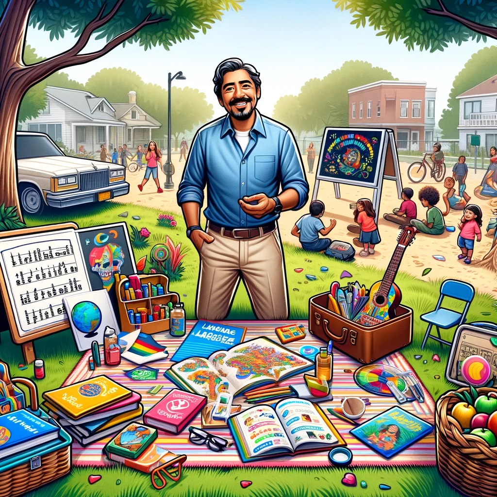 Carlos Martinez's Outdoor Classroom: This image depicts Carlos setting up for an engaging language lesson in a community park, surrounded by teaching materials and cultural artifacts, capturing the excitement of learning languages in a dynamic outdoor setting.