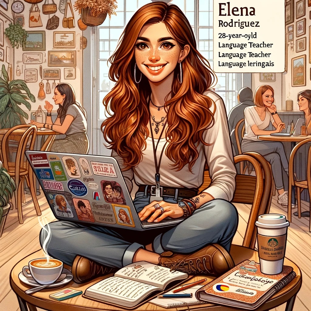 Elena Rodriguez working in a cozy café is now ready. It captures her as a passionate language teacher with long, wavy red hair and a welcoming smile, engaging in conversation and surrounded by her teaching and learning materials. This scene highlights her love for languages, culture, and the connections she makes through her travels and teaching.