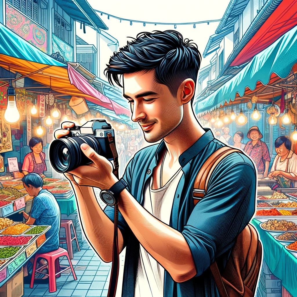 The illustration featuring Liam, the travel blogger from Singapore, exploring a bustling street market is now ready. It captures his curiosity and delight as he captures vibrant scenes with his camera, dressed stylishly and immersed in the lively atmosphere. This scene highlights his adventurous spirit, love for street food, art, and his creative and friendly personality.