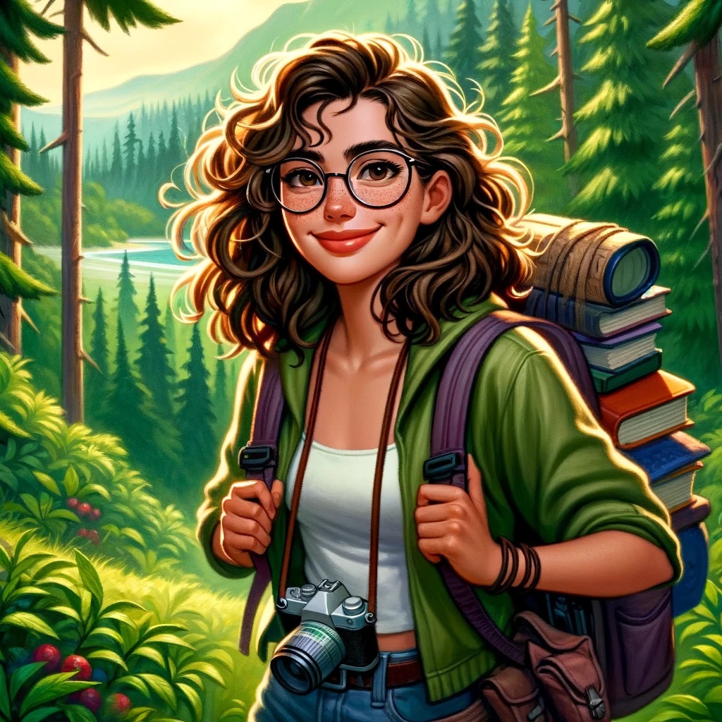 The illustration featuring Maya Roberts in a lush, green forest is now ready. It captures her adventurous spirit, her love for nature, and her environmental consciousness, complete with her curly brown hair, glasses, and the essential backpack filled with travel books and a camera.