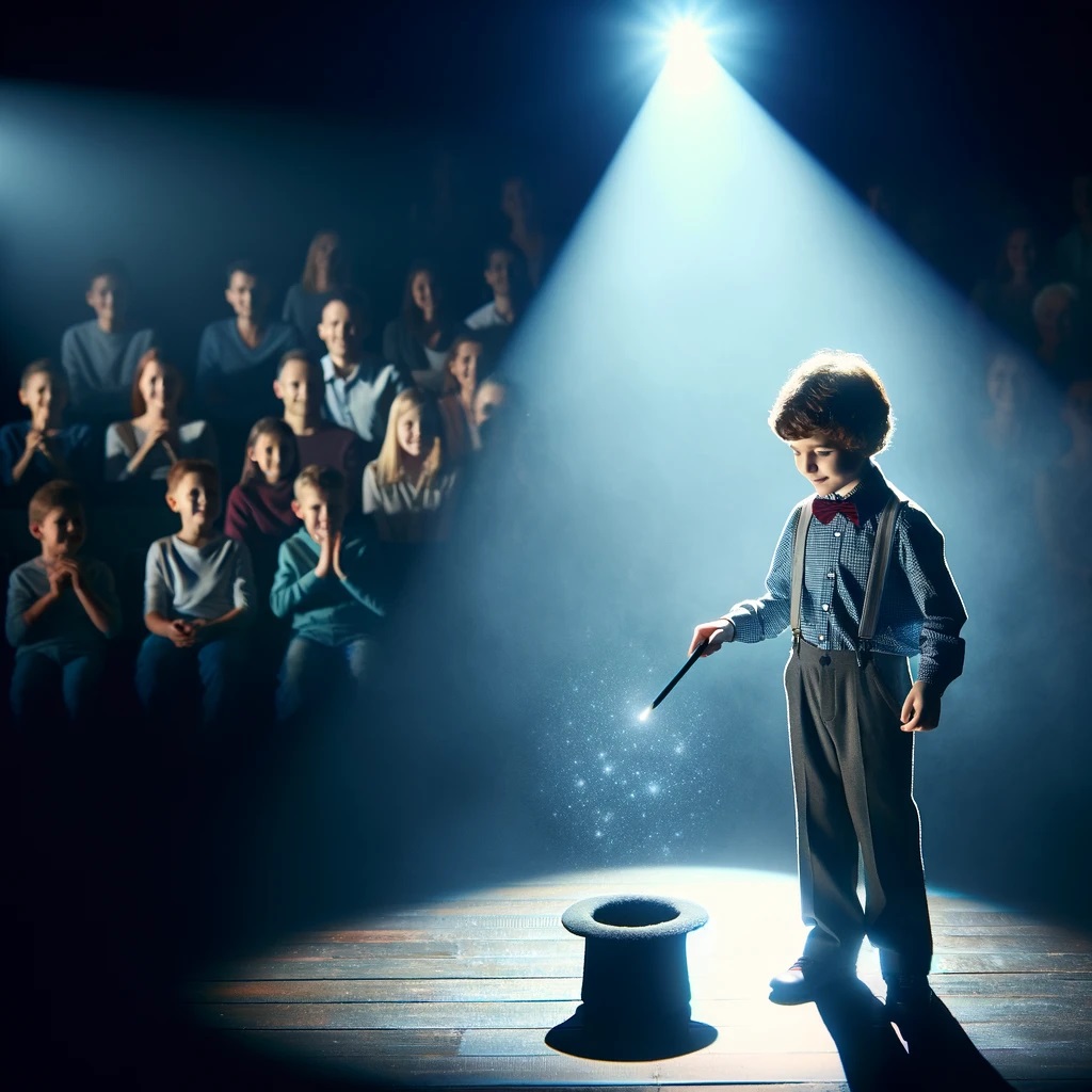 A Boy Doing Magic Tricks on Stage: Showcases a young boy performing a magic trick with a wand and hat, captivating the audience with his skill and the atmosphere of mystery.