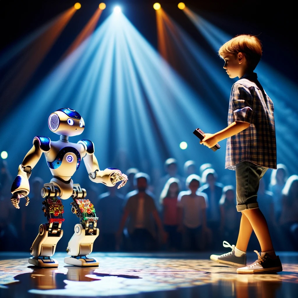 A Boy with a Dancing Robot on Stage: Highlights a young boy and his robot dancing together, illustrating the harmony between technology and human expression, captivating the audience with their synchronized performance.