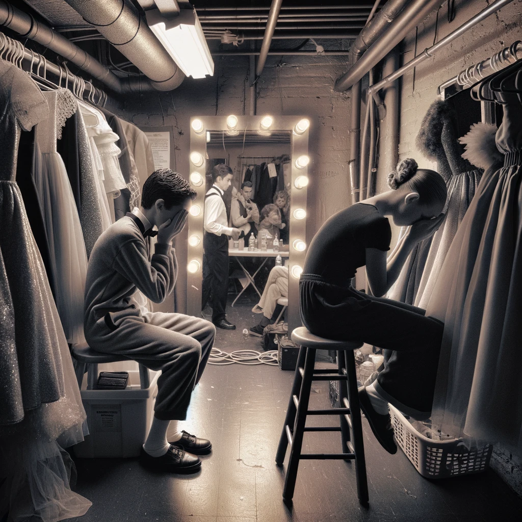 Behind the scenes at the talent show, a nervous performer practices their lines quietly in the corner, while another adjusts their costume in front of a mirror, applying final touches. The atmosphere is filled with anticipation and focus as performers prepare for their moment on stage. Costumes hang on racks, and props are carefully arranged for quick access. This intimate glimpse into the preparations captures the dedication and passion of the performers, contrasting the bustling excitement out front with the quiet determination backstage. The scene highlights the unseen efforts and personal journeys of each participant, contributing to the magic of the talent show.