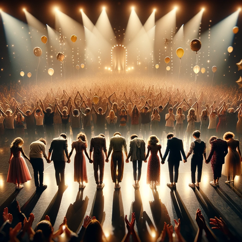 The grand finale of the talent show, with all performers returning to the stage for a final bow. The audience stands, delivering a thunderous applause as the performers link hands, bowing together in a sign of unity and appreciation. The stage is aglow with celebratory lights, casting a warm hue over the scene. Balloons and confetti begin to fall from above, adding to the festive atmosphere. This moment captures the culmination of hard work, talent, and camaraderie, leaving both performers and audience with a sense of joy and shared achievement. The scene embodies the spirit of celebration, marking a successful end to the talent show.