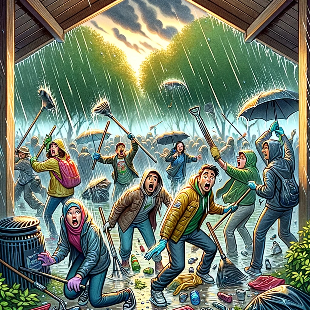 The illustration capturing the moment when volunteers at the community clean-up event react to an unexpected downpour is ready. It shows their quick adaptation to the changing weather, highlighting their camaraderie and unwavering commitment to their environmental cause, even as they seek shelter and cover the cleanup tools. The scene vividly conveys the spirit of community and perseverance, making it a perfect addition to your listening activity about weather changes and their impact on outdoor events.