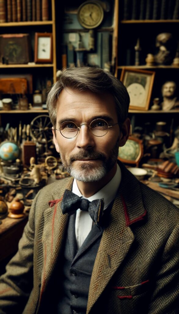 A gentleman in his late fifties, with an eye for detail, surrounded by various antiques.