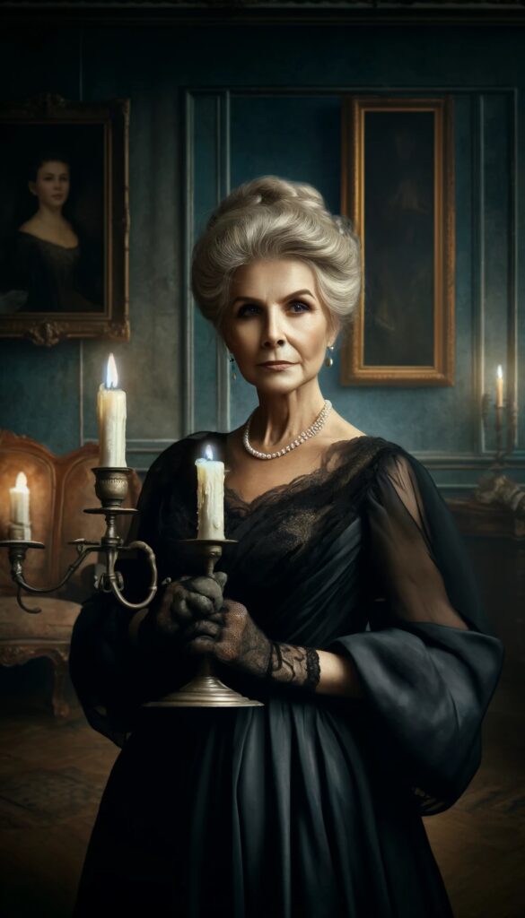 Elderly woman, elegant, with an air of mystery, holding a candlestick.