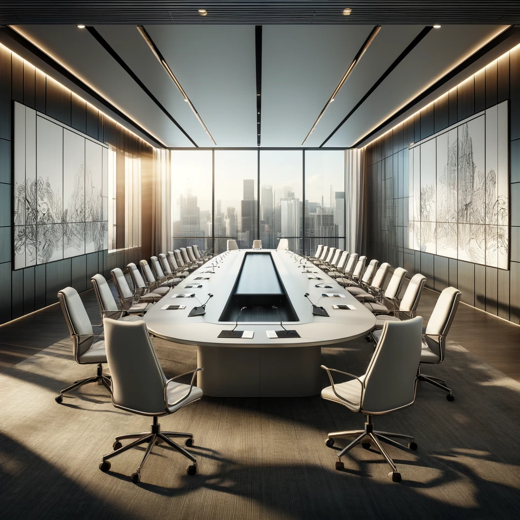 "A realistic image of a large, modern conference room located on the fifth floor of an office building. The room is filled with a long, oval-shaped table surrounded by ergonomic chairs. There are large windows offering a view of the city skyline, and a projector screen is visible at one end of the room. The walls are decorated with abstract art, and there is a soft, ambient lighting that creates a professional atmosphere."