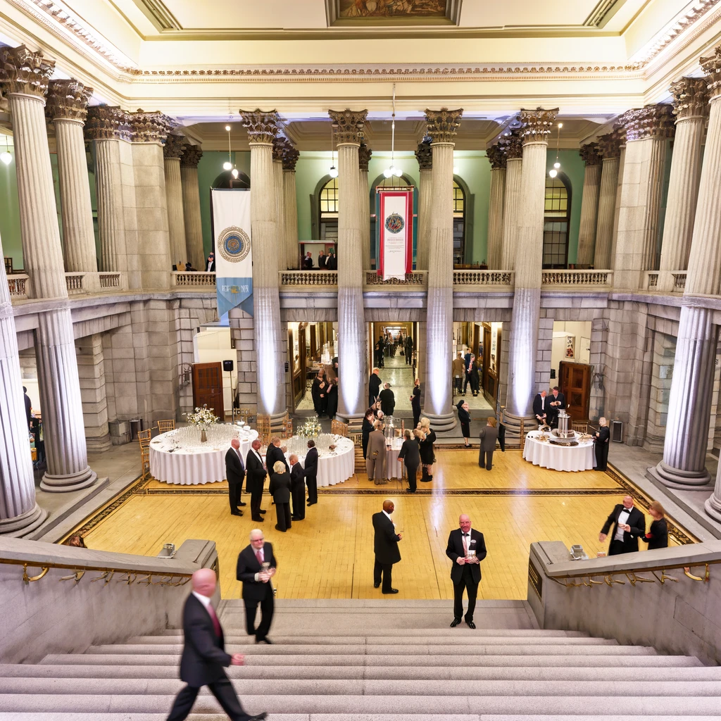 "An image of a grand city hall event. The city hall is an imposing, classical building with tall columns and steps leading up to a large entrance. Inside, there's a spacious, ornately decorated hall with high ceilings and chandeliers. People in formal attire are mingling, with waiters circulating offering drinks and appetizers. The atmosphere is festive and elegant, with banners and floral decorations enhancing the majestic setting."