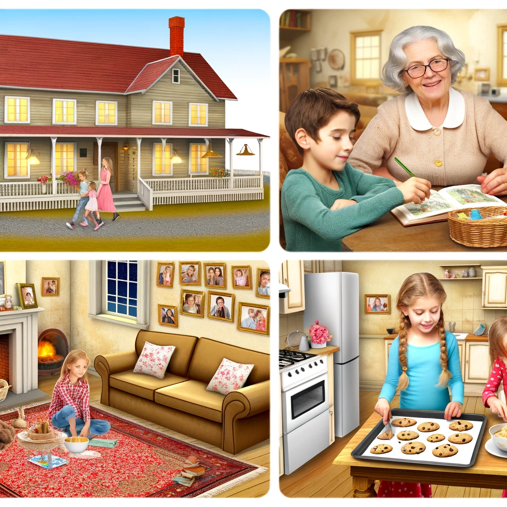 "An image of a cozy, welcoming grandmother's house during a weekend visit. The house is depicted as a quaint, well-maintained home with a warm and inviting atmosphere. Inside, there is a living room with comfortable sofas, a fireplace, and family photos on the walls. The children are engaged in various activities, such as playing board games on the rug, baking cookies in the kitchen with their grandmother, and reading books. The setting conveys a sense of family warmth and joy."