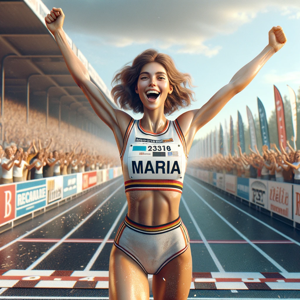 n image of a triumphant moment at the end of a race where the winner, Maria, is celebrating her victory. Maria is a young, athletic woman with a joyful expression, wearing a racing outfit with her name and number visible. She is crossing the finish line with her arms raised in victory. The background shows a crowd of spectators cheering and clapping, with banners and flags waving. The setting is a professional race track with clear skies and a festive atmosphere, capturing the excitement of the moment.