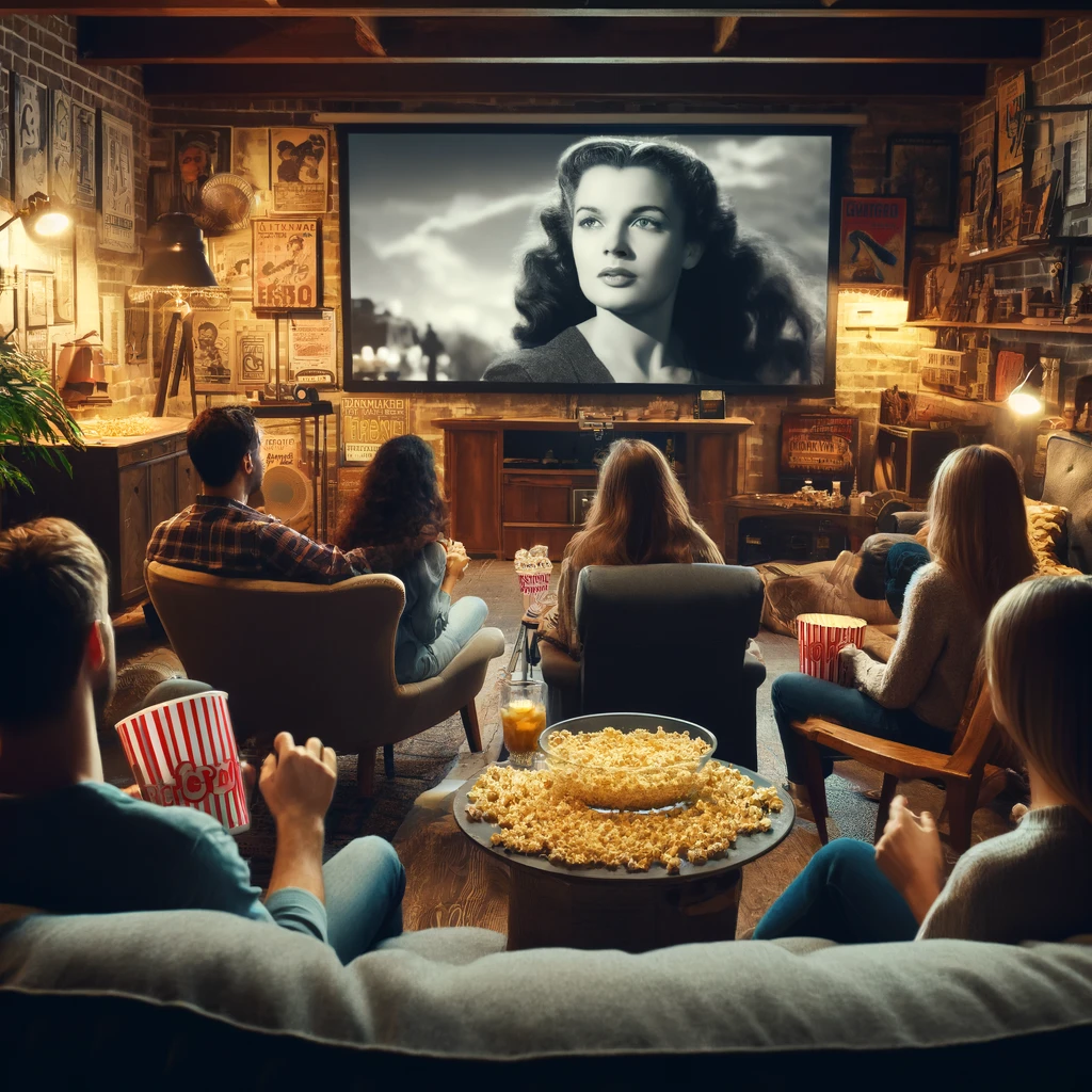 an image of a cozy home theater setting where a group of friends are watching 'Gone with the Wind.' The room is dimly lit for a cinematic experience, with a large screen displaying a famous scene from the movie. The friends are variously seated on comfortable sofas and chairs, some with vintage popcorn buckets and drinks, engrossed in the film. The room is decorated with movie posters and memorabilia, adding to the nostalgic atmosphere of enjoying a classic film together.