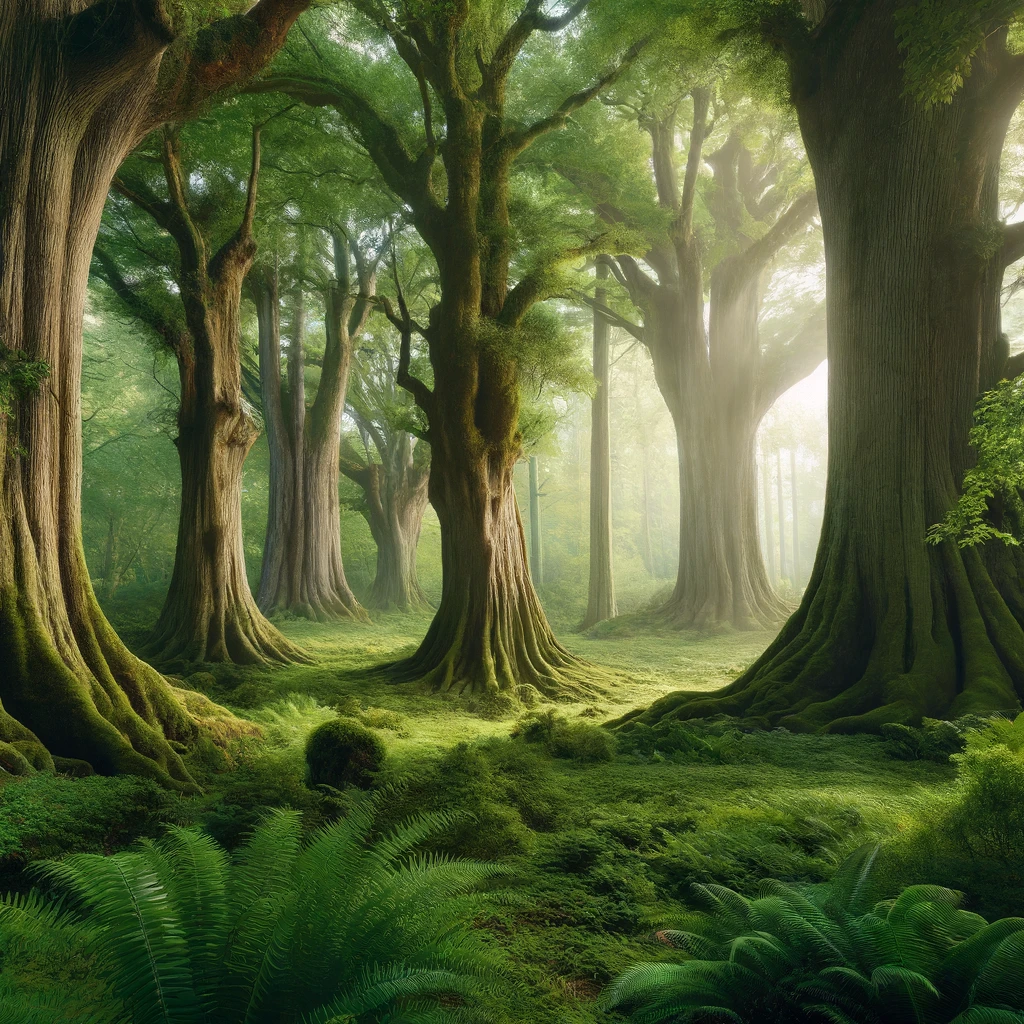 an image of a serene forest landscape featuring several very tall and old trees. These majestic trees have thick, gnarled trunks and expansive canopies that stretch high into the sky. The forest floor is dappled with sunlight filtering through the dense foliage, casting intricate shadows. Around the base of the trees, lush green ferns and a carpet of moss add to the ancient, untouched feel of the scene. This setting conveys a sense of tranquility and the enduring beauty of nature