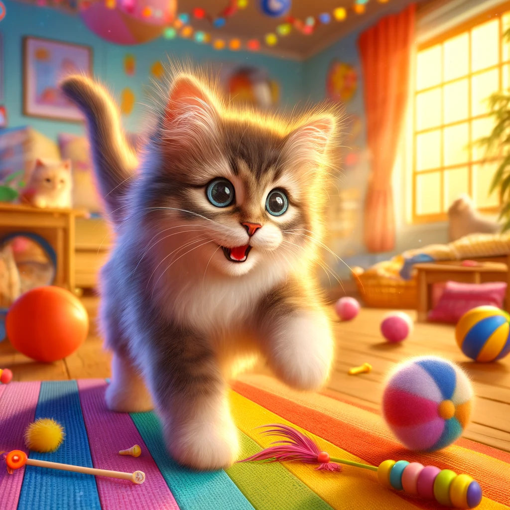 an image of a playful and energetic kitten in a lively, colorful setting. The kitten is small, with fluffy fur, bright eyes, and a mischievous expression. It is engaged in playful antics, such as chasing a bouncing ball or pouncing on a feather toy. The background includes a cozy room with a variety of cat toys scattered around and a sunny window with a view of the outdoors. This scene captures the joyful, active nature of a young kitten at play.