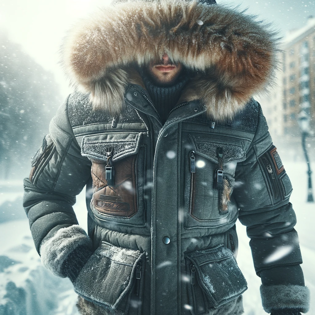 an image of a person wearing a thick, insulated winter jacket outdoors during a snowy day. The jacket is stylish and designed to withstand cold temperatures, featuring a fur-lined hood and deep pockets. The person is walking through a snowy landscape, perhaps a city park or a mountain trail, with snowflakes gently falling around them. Their breath is visible in the cold air, and they appear comfortable and warm despite the chilly environment. This image conveys the effectiveness and comfort of the winter jacket in harsh weather.