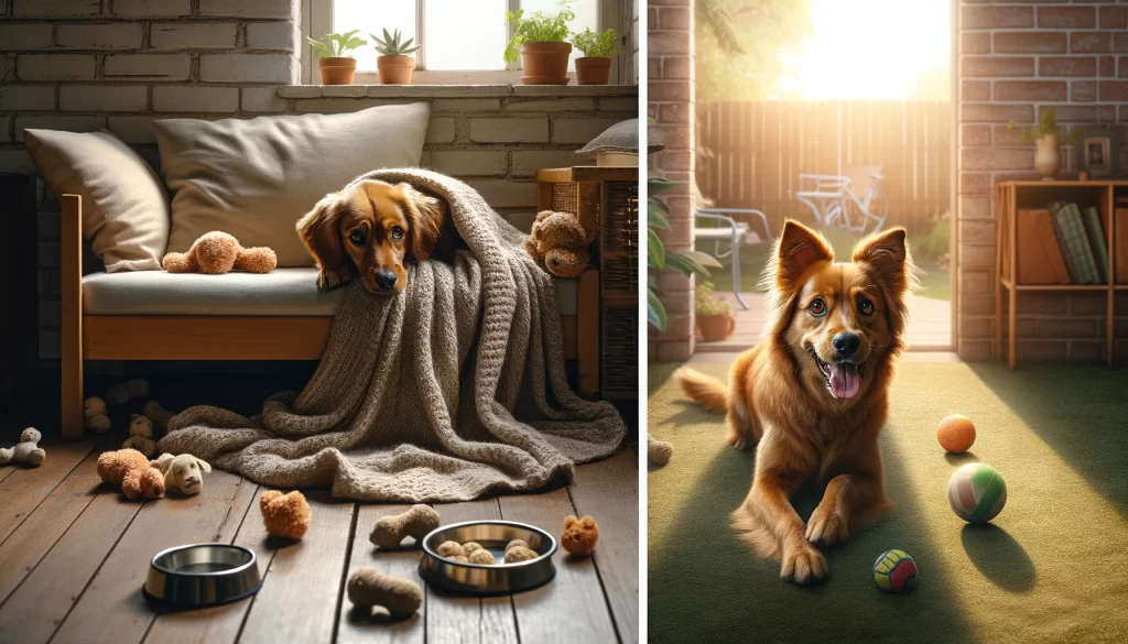 "An image depicting a before-and-after scenario with a dog. In the first part of the image, show the dog looking lethargic and unwell, resting in a cozy corner of a room with a blanket and some toys around it, and a bowl of water nearby. The atmosphere is quiet and calm, with soft lighting. In the second part of the image, the same dog appears healthy and vibrant, actively playing with a ball or running in a sunny backyard, with its tail wagging enthusiastically. This scene captures the recovery and renewed energy of the dog."