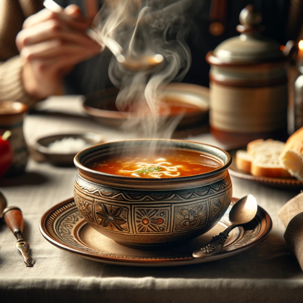 An image of a steaming bowl of soup on a dining table, indicating it's too hot to eat immediately. The soup is in an attractive ceramic bowl, and steam is visibly rising from the surface, curling into the air. Around the bowl are traditional soup accompaniments like a spoon, some bread, and perhaps a napkin. The setting is cozy, perhaps with a rustic kitchen or a homely dining area in the background, enhancing the warm, inviting atmosphere. A person is sitting at the table, blowing gently on the soup, waiting to enjoy it."