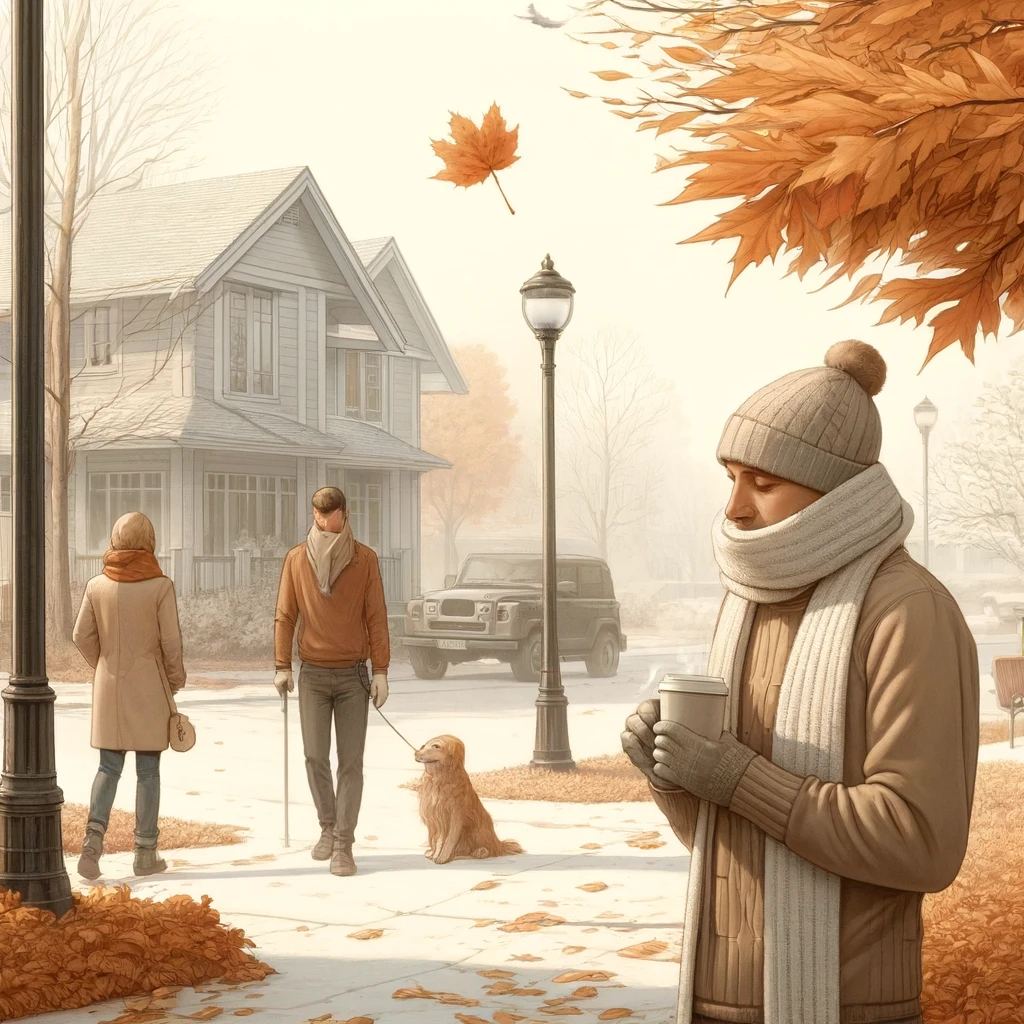 An image depicting a chilly day with a slightly overcast sky and a cool breeze. The scene is set in a suburban neighborhood or a city park where people are dressed in light autumn attire such as sweaters and scarves. Leaves are scattered around, some still attached to the trees showing early signs of fall colors. A couple walks their dog, and nearby, a person sips a hot drink, visibly enjoying the crisp air. This setting captures the essence of a calm, chilly day that requires just a bit of extra warmth.