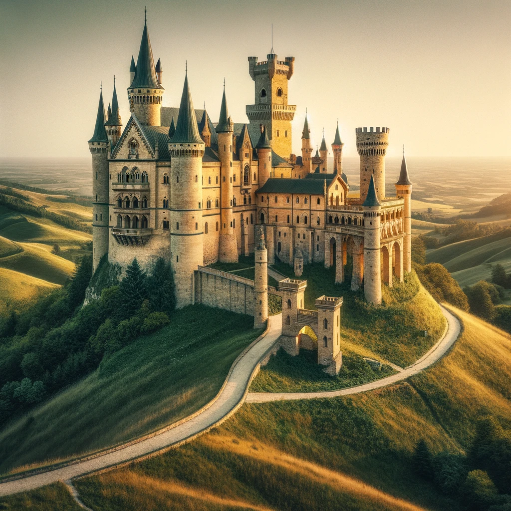 "An image of a majestic, grand castle perched atop a hill. The castle is constructed in a classic medieval style, featuring tall towers with pointed rooftops, large arched doorways, and stone walls. The surrounding landscape includes a lush, green hill with a winding path leading up to the castle. The sky is clear and the setting sun casts a golden hue over the scene, enhancing the grandeur and historical atmosphere of the castle. This image evokes a sense of age-old royalty and enchanting tales."