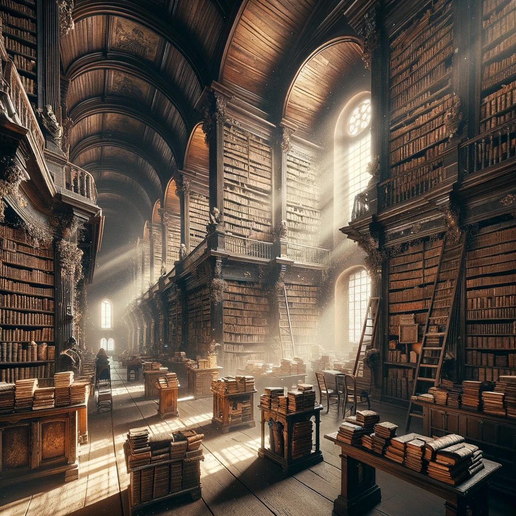 "An image of an old, venerable library filled with numerous antique books. The scene is set in a large room with high ceilings and wooden bookshelves reaching up to the top, crammed with leather-bound, weathered books that show their age and character. There's a large wooden ladder attached to the shelves for accessing higher books. The atmosphere is dusty with rays of light streaming through tall, arched windows, illuminating the floating dust particles and giving a mystical ambiance. In the background, a few patrons browse quietly, immersed in the tactile experience of flipping through the pages of history."