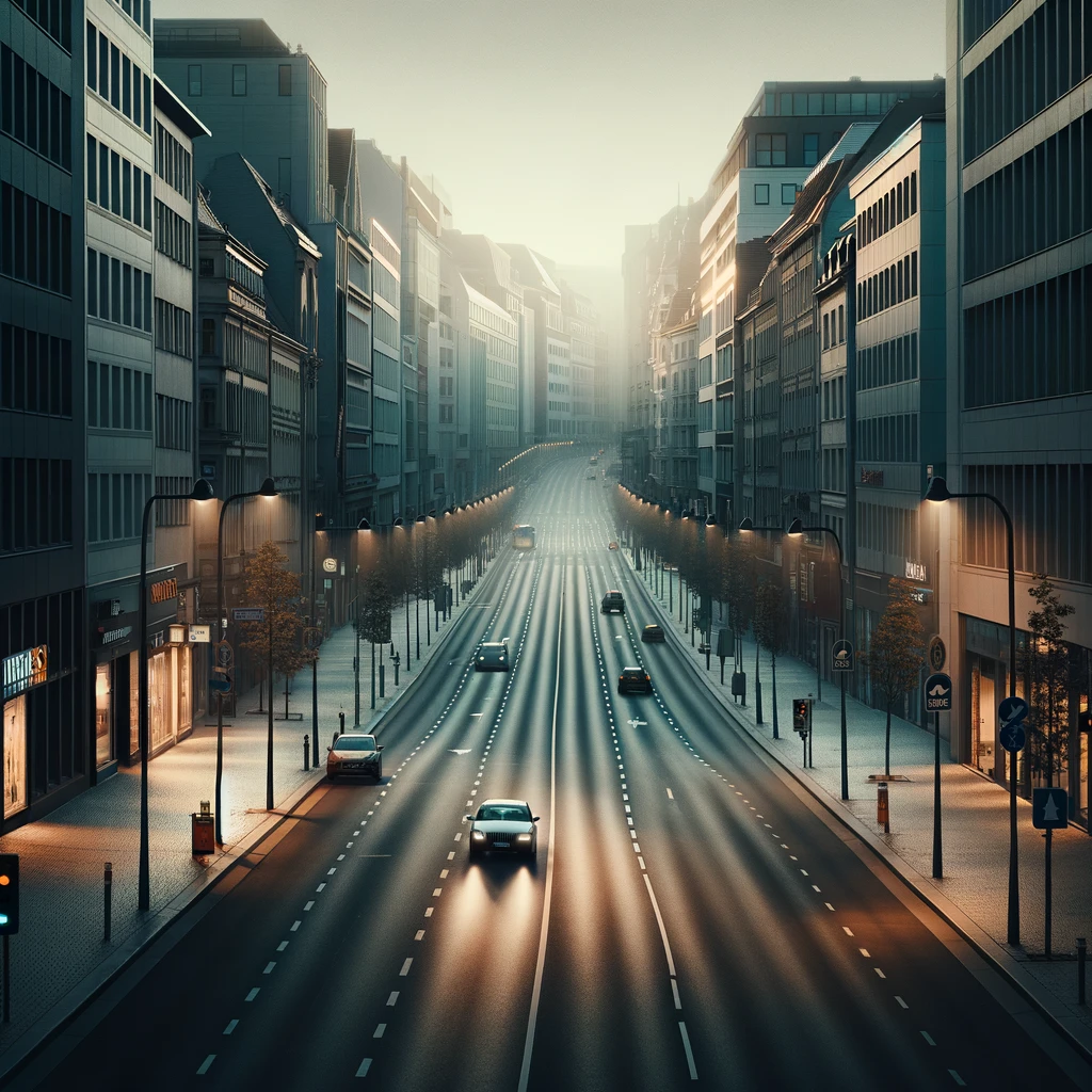 "An image of a quiet, almost empty city street with only a few cars. The setting is early morning or late evening, with soft, dim lighting creating long shadows on the pavement. The few cars present are spaced far apart, emphasizing the unusually sparse traffic. The architecture along the street is a mix of modern and older styles, with closed shops and a few streetlights casting a gentle glow. This scene captures a serene, peaceful moment in what is usually a busy urban environment, suggesting a time of day or circumstance when activity slows down."