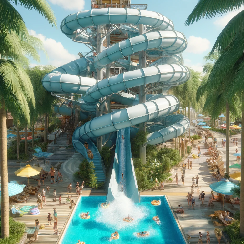 A realistic and detailed digital illustration of a water slide at an amusement park. The scene features a tall, winding water slide with riders splashing down into a pool below. The area is surrounded by tropical decorations like palm trees and colorful umbrellas. Families and friends are enjoying the water park, adding to the lively and fun atmosphere.