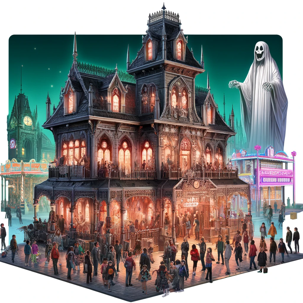 A realistic and detailed digital illustration of a haunted house at an amusement park. The haunted house features a spooky, gothic design with eerie lighting and ghostly figures. Visitors are cautiously entering, some looking scared while others are excited. The background includes other amusement park attractions, creating a lively yet eerie atmosphere.