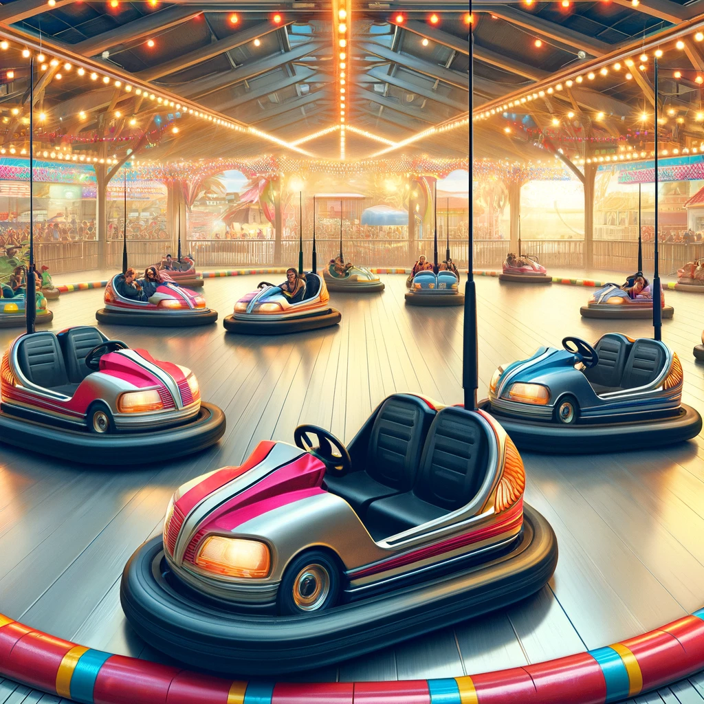 A realistic and detailed digital illustration of bumper cars at an amusement park. The scene features colorful bumper cars with people driving and bumping into each other, laughing and having fun. The arena is surrounded by bright lights and festive decorations, creating a lively and energetic atmosphere.