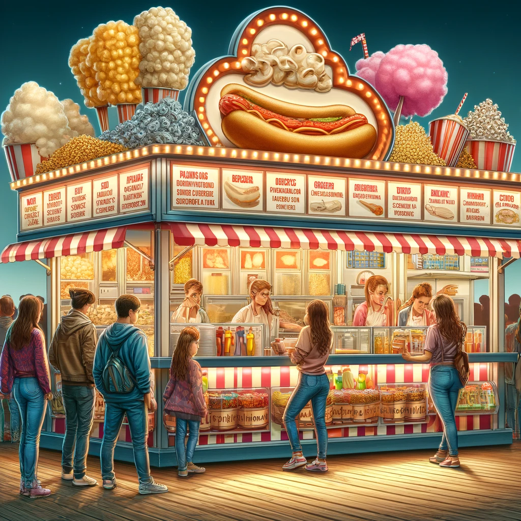 A realistic and detailed digital illustration of a food stall at an amusement park. The scene features a variety of food items like hot dogs, popcorn, and cotton candy. Visitors are lined up, ordering and enjoying their food. The food stall is decorated with bright lights and colorful signs, creating a lively and festive atmosphere.