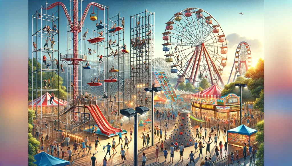 A realistic and detailed digital illustration of obstacles and rides at an amusement park. The scene features various exciting rides, such as roller coasters and Ferris wheels, alongside fun obstacles like rope courses and climbing walls. Visitors are actively participating, climbing, and enjoying the attractions. The atmosphere is lively with bright lights, colorful decorations, and a festive crowd.