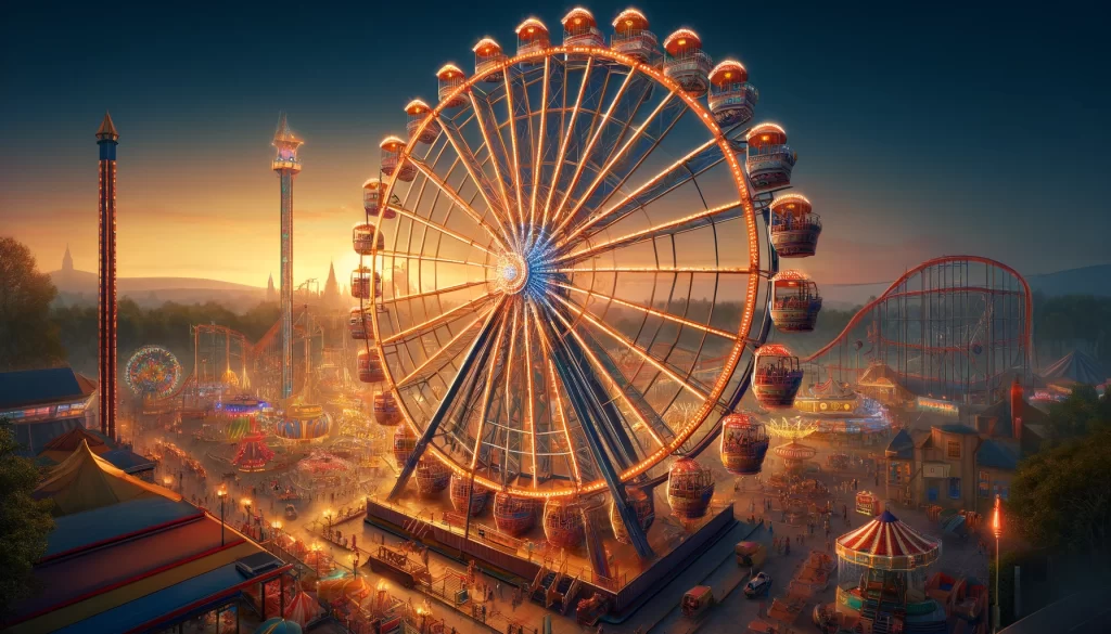 A realistic and detailed digital illustration of a Ferris Wheel at an amusement park. The Ferris Wheel is large with colorful passenger cars, and it is illuminated by bright lights. The background shows the amusement park with other rides and attractions visible. The atmosphere is lively and festive, with a warm sunset in the sky.