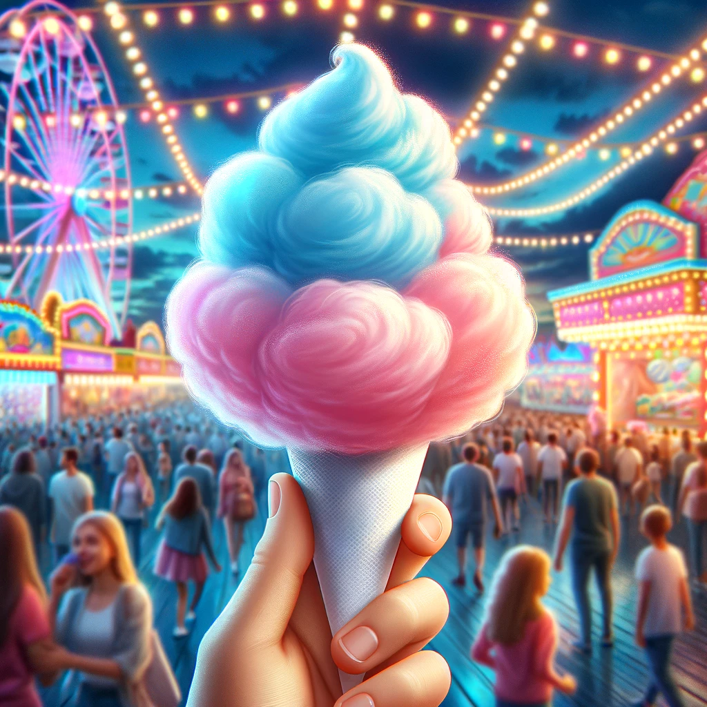 A realistic and detailed digital illustration of cotton candy at an amusement park. The cotton candy is fluffy and colorful, with shades of pink and blue. It is held on a white paper cone. The background shows the lively amusement park with bright lights, rides, and other visitors enjoying their time.