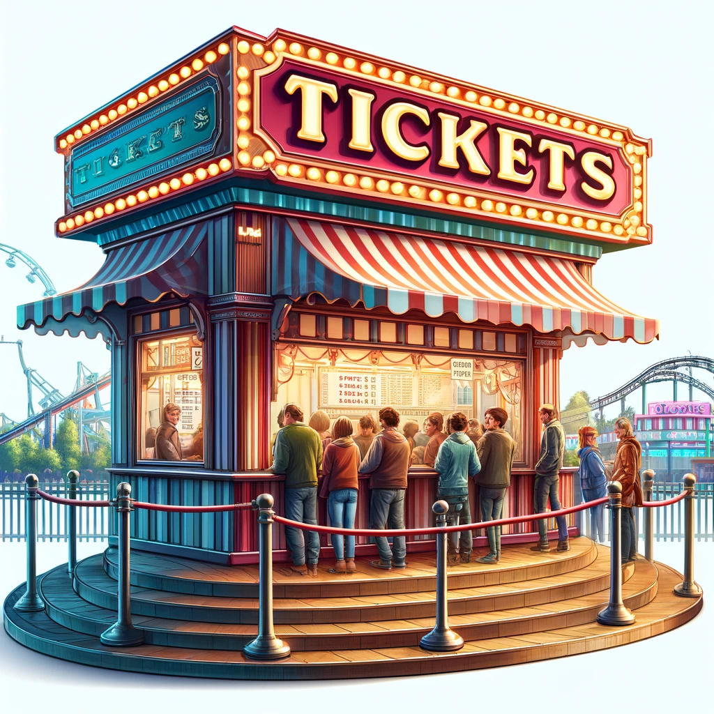 A realistic and detailed digital illustration of a ticket booth at an amusement park. The ticket booth is brightly colored with a sign that says 'Tickets' at the top. There are people standing in line to buy tickets, and the booth is decorated with lights and festive elements. The background shows other parts of the amusement park with rides and attractions visible, creating a lively atmosphere.