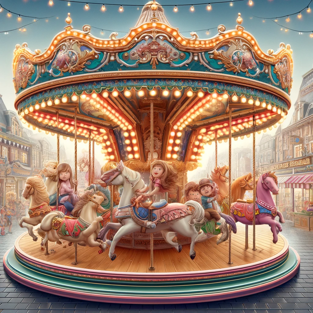 A realistic and detailed digital illustration of a merry-go-round at an amusement park. The merry-go-round is decorated with brightly colored horses and lights. Children and adults are riding the horses, smiling and enjoying the ride. The background shows other parts of the amusement park with more rides and attractions, creating a lively and festive atmosphere.