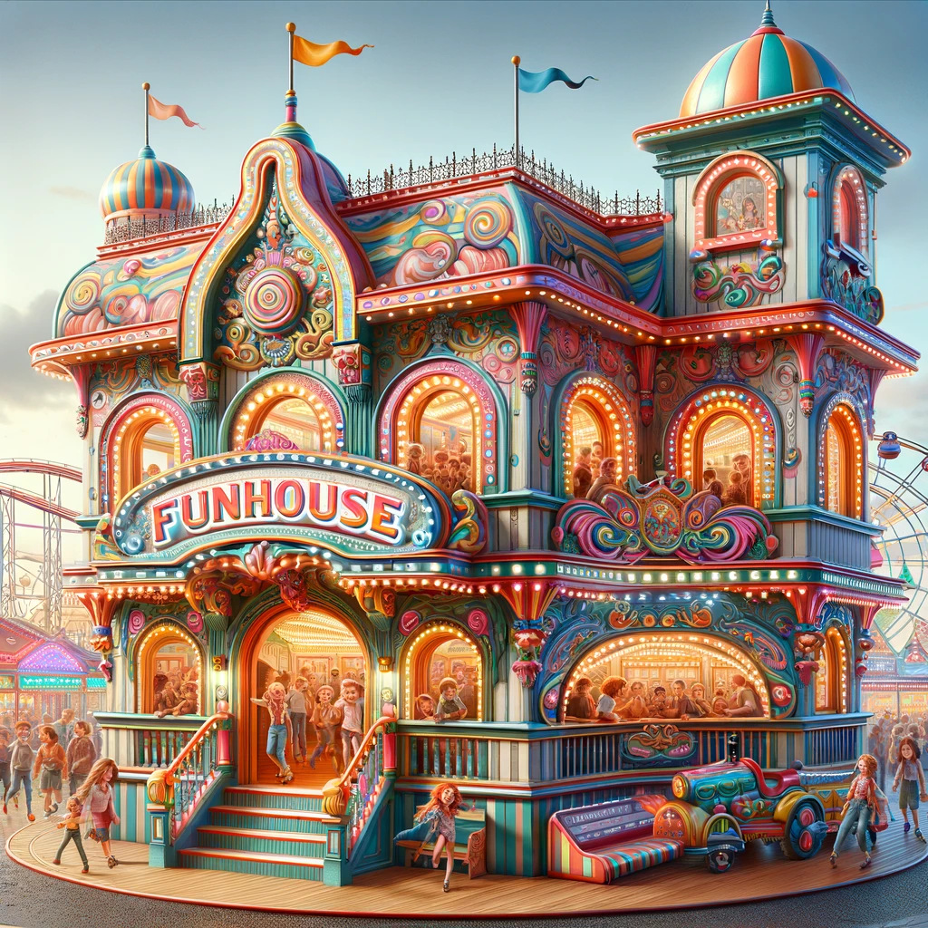 A realistic and detailed digital illustration of a funhouse at an amusement park. The funhouse has a colorful and whimsical facade with various playful designs. There are people entering and exiting the funhouse, laughing and having a good time. The background shows other rides and attractions, with bright lights and a festive atmosphere.