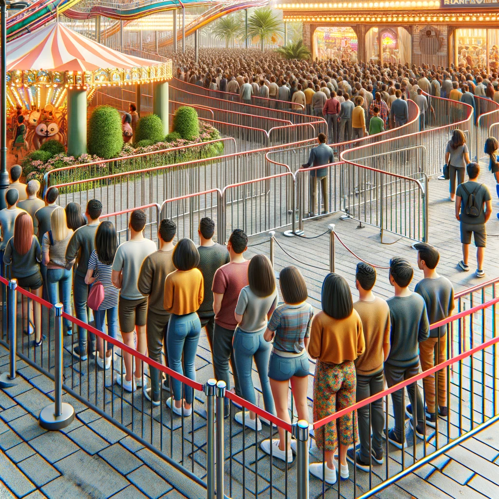 A realistic and detailed digital illustration of a queue at an amusement park. The queue is filled with people waiting in line for a popular ride. Some people are chatting, while others are looking around at the park's attractions. The atmosphere is lively with colorful decorations and bright lights in the background. The queue barriers are neatly arranged, guiding the line toward the ride.