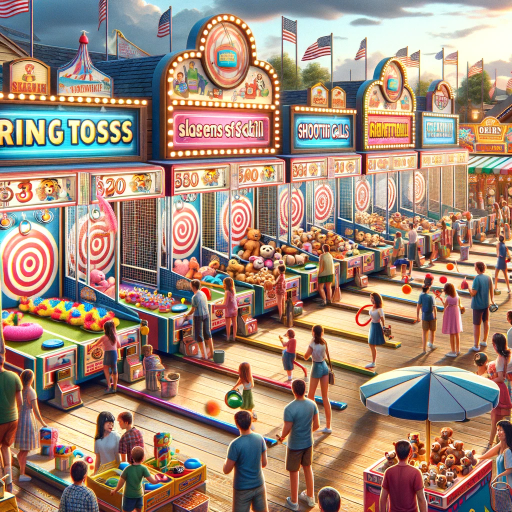 A realistic and detailed digital illustration of games of skill at an amusement park. The scene includes various game booths with colorful signage and prizes on display. People are playing games like ring toss, shooting galleries, and basketball hoops, aiming to win stuffed animals and other prizes. The atmosphere is lively with bright lights, festive decorations, and a joyful crowd enjoying the activities.